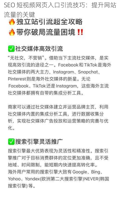 SEO 短视频网页入口引流技巧：提升网站流量的关键