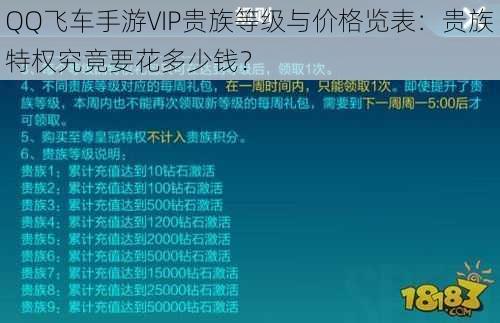 QQ飞车手游VIP贵族等级与价格览表：贵族特权究竟要花多少钱？